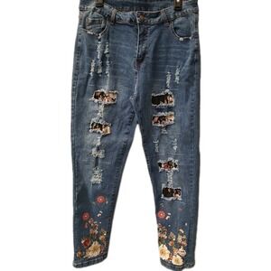 Women's Sz XL HIGH RISE SKINNY Jeans Tapered Patchwork Distressed Floral Boho